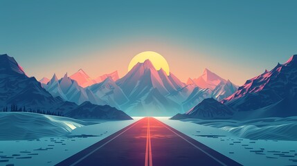 Digital technology road ahead and snow mountains scene poster web page PPT background - obrazy, fototapety, plakaty