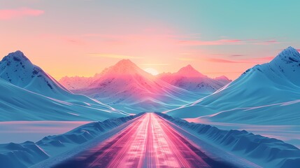 Fototapeta na wymiar Digital technology road ahead and snow mountains scene poster web page PPT background