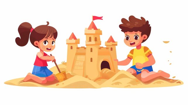 Kids outdoor fun, summer recreation, leisure, activity isolated, cartoon modern illustration of children playing in sandbox.