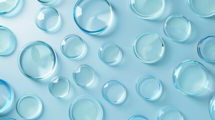 A minimalistic 3D clear blue backdrop. Illustration of glass disks in top view for displaying cosmetic products.
