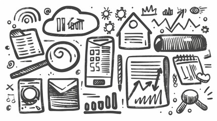 Set of doodle icons related to data analysis. Information cloud storage with arrow, magnifying glass, graphs, and documents. Smartphone with column charts, line art modern illustration.