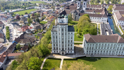 Kremsmünster, Upper Austria, Austria - 04.13.2024: astronomy tower of the monastery of Kremsmünster in Upper Austria, aerial photography