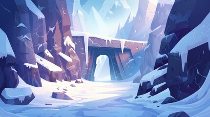 An illustration of a mountain with a cave or tunnel entrance. Modern illustration of a winter landscape with rock formations, ledges covered in snow, a deep stone cavern or mine, cliffs and ice - obrazy, fototapety, plakaty