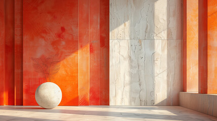Modern room on white and orange, Minimalist composition with sparse elements, abstract background wallpaper