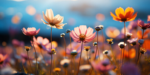 Cosmos flower blossom meadow, garden. Summer flower banner, background, wallpaper. Springtime nature theme.
- 785124574