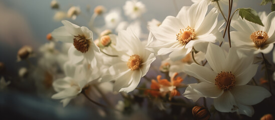 White cosmos flowers. Floral background, wallpaper, banner. 8 march women's day theme. Mother's day.	
