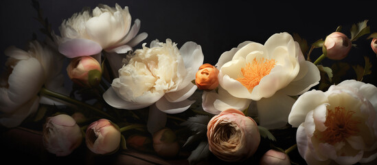 White peonies. Floral background, wallpaper, banner. 8 march women's day theme. Mother's day.	

