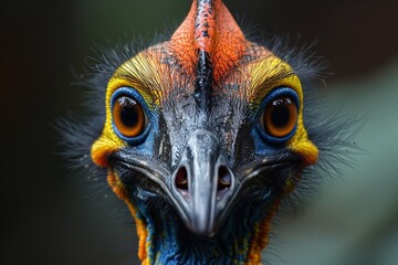 In a funny and vibrant portrait, a large ostrich with a wild expression gazes curiously outdoors. - obrazy, fototapety, plakaty