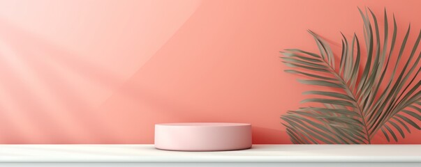 Coral background with palm leaf shadow and white wooden table for product display, summer concept. Vector illustration, isolated on pastel background