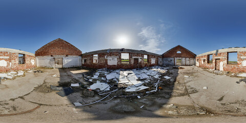 360 seamless hdri panorama inside empty corridor hall or hangar without roof with construction...