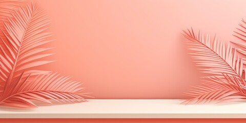 Fototapeta na wymiar Coral background with palm leaf shadow and white wooden table for product display, summer concept. Vector illustration, isolated on pastel background