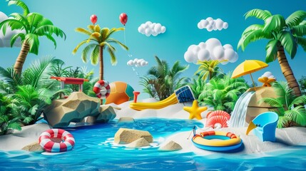 Beach summer fun in 3D. Illustration of tropical plants, aquatic exercise equipment, weather elements, etc.