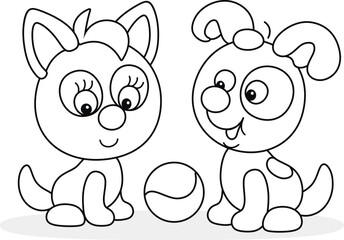 Funny little spotted puppy and a cute kitten going to play with a small toy ball in a yard of their house, black and white vector cartoon illustration for a coloring book