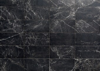 Black marble with white streaks. Wall or floor rectangle tiles. Backgroun and texture.
