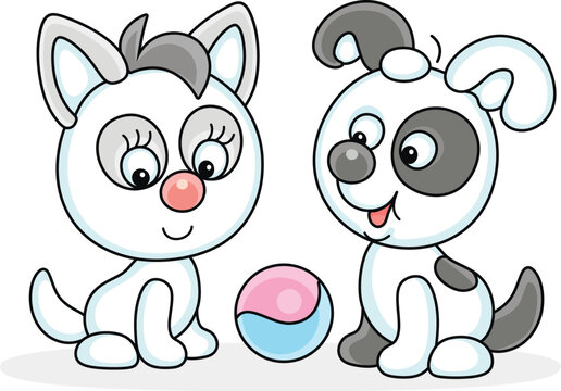 Funny little spotted black and white puppy and a cute white and grey kitten going to play with a small toy ball in a yard of their house, vector cartoon illustration on a white background