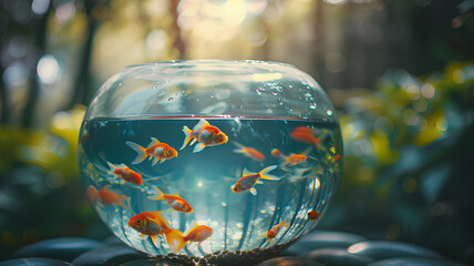 aquarium accessories. Aquarium goldfish in a decorative fish bowl ,with background at home