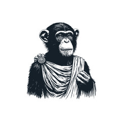 Chimpanze wearing a cloth like a Rome Senator. Black white vector illustration.	 - obrazy, fototapety, plakaty