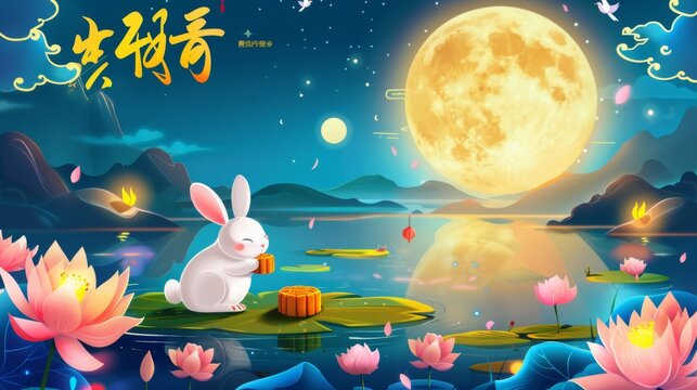 Illustration of moon rabbits eating mooncakes on a lotus pond during the Mid Autumn Festival. Mid Autumn Festival is written in Chinese script.