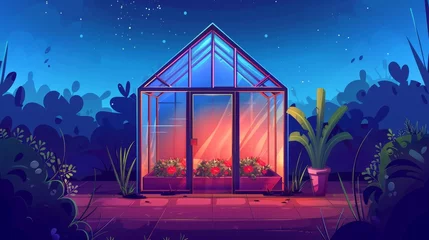 Muurstickers In the dark, an empty greenhouse with an open door at night. Modern cartoon illustration showing an empty orangery, hot house with a brown frame, and a flowerbed inside. © Mark