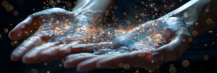 A persons hand holding a glowing object, Magic particles on the palms of a person. - obrazy, fototapety, plakaty