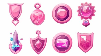Modern cartoon set of interface screens of completing and failing game and level badges with pink glossy boards and labels. - obrazy, fototapety, plakaty