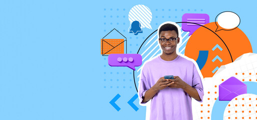 African man with smartphone, colored text message icons and copy space