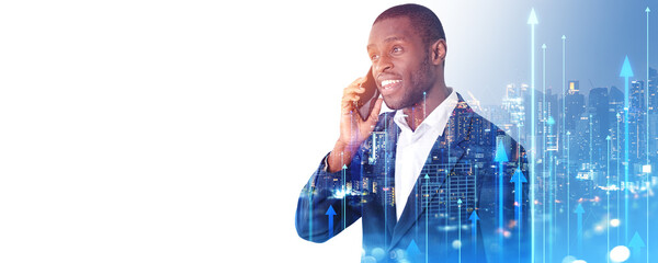 African businessman talking on the phone, city skyline with growing arrow lines