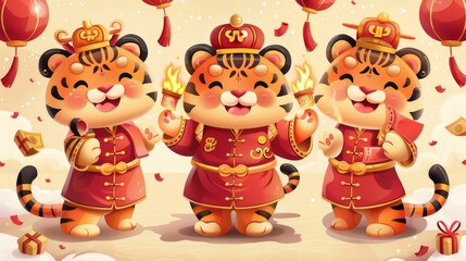 Fototapeta premium An illustration of three chubby tigers playing firecrackers, cupping hands in greeting, and receiving lucky money at Spring Festival featuring Chinese zodiac animals.