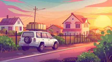 Foto auf Acrylglas Antireflex The modern cartoon illustration shows a car with luggage on a city street at sunset with a fence and houses in the background. © Mark