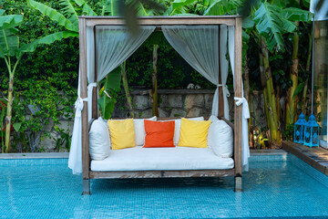 Relaxation Area Inside the Pool Surrounded by Tropical Trees Photo, Alacati Cesme, Izmir Turkiye (Turkey)