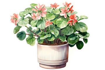 Watercolor geranium plant in a pot isolated on white background.