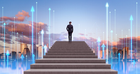 Businessman on stairs, smart city digital connection and New York cityscape