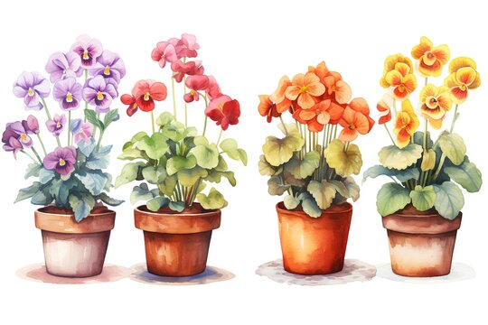 Watercolor pansy flowers in pots. Hand drawn vector illustration.
