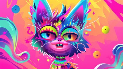Poster featuring psychedelic stickers on a pink background. Cartoon acid illustrations feature cat with three eyes and emoticons.