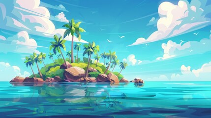 Cartoon illustration of tropical island in ocean nature landscape with calm sea under blue sky, rocks and water surface surrounded by clouds in beautiful cloudy light.