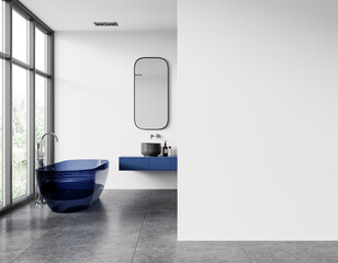 White and blue bathroom interior with empty wall