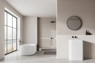 Stylish hotel bathroom interior with sink, tub, shower and panoramic window