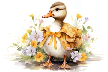 Watercolor illustration of a cute duck in a yellow dress with flowers - obrazy, fototapety, plakaty
