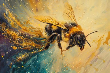 Produce a captivating oil painting featuring a bee in a wide-angle view, gracefully navigating through a meandering line of honey droplets Highlight the iridescent wings and the golden hues of the swe