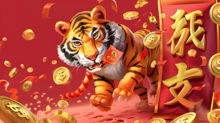 A red envelope filled with cash and gold coins in the background and a tiger possessing a lot of wealth are the hallmarks of the Chinese New Year greeting card for 2022. - obrazy, fototapety, plakaty