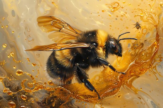 Produce a captivating oil painting featuring a bee in a wide-angle view, gracefully navigating through a meandering line of honey droplets Highlight the iridescent wings and the golden hues of the swe