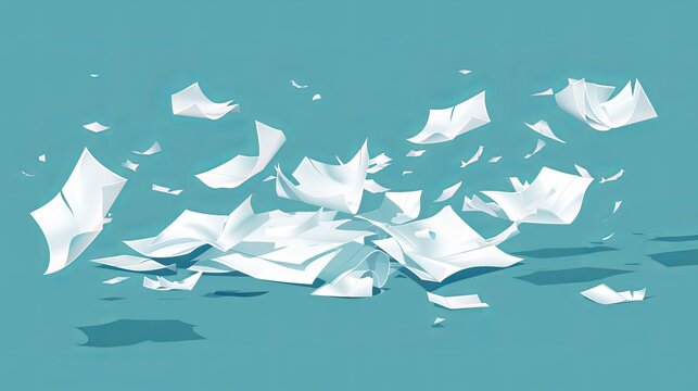 Documents in paper files become misplaced. Flying sheets. Blank sheet. Office element. Thrown object. White trash. Illustration of a cartoon outline
