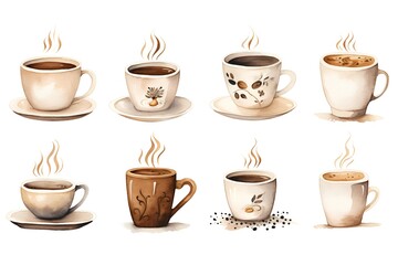 Obraz premium Coffee cups set. Hand drawn watercolor illustration isolated on white background