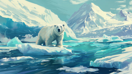 An illustration the polar bear is standing on melting ice floes, Generative AI - obrazy, fototapety, plakaty