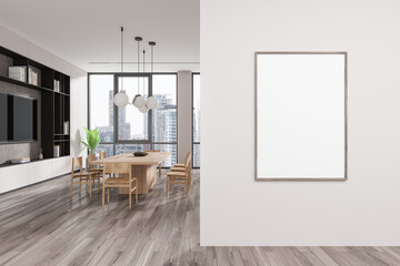 Fototapeta premium Stylish home living room interior with table and tv screen, window. Mockup frame