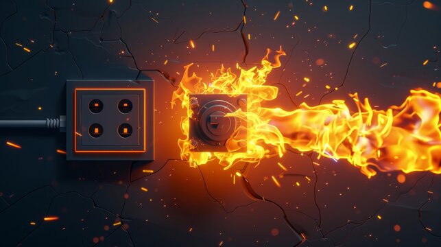 Realistic 3d modern illustration showing faulty wiring, short circuit fire, and an electrical overload in a socket with plug and switch.