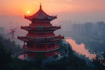 temple of heaven,
 Chongqing Hong Pavilion Sunset