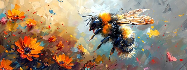 Illustrate an intricate, hyper-realistic oil painting of a bumblebee with iridescent wings, hovering over a whimsical pathway of assorted flower petals - obrazy, fototapety, plakaty