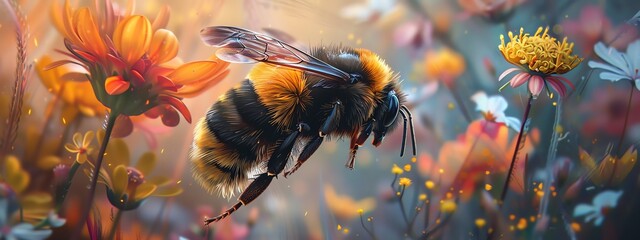 Illustrate an intricate, hyper-realistic oil painting of a bumblebee with iridescent wings, hovering over a whimsical pathway of assorted flower petals