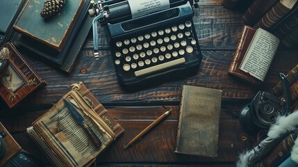Writer table with books, a quill pen, and a vintage typewriter on a wooden desk background.